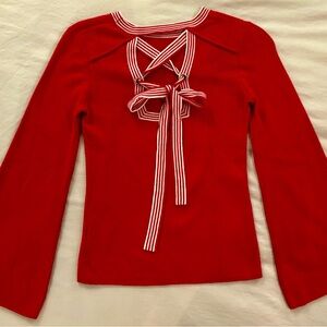 Olivia Warren red and white bell sleeve lace up back sweater Medium